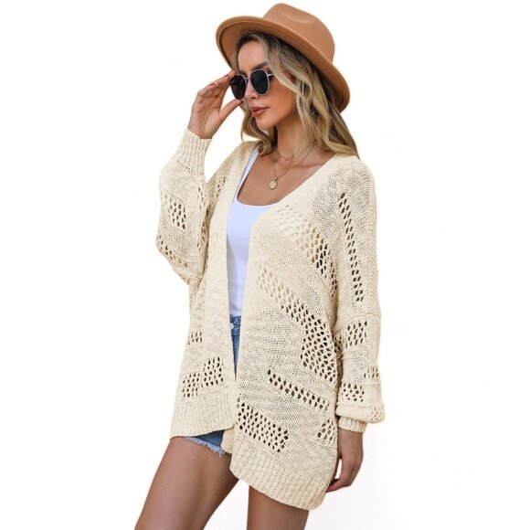 Cream Casual Hollowed Knit Dolman Sleeve Cardigan - Picture 9 of 11